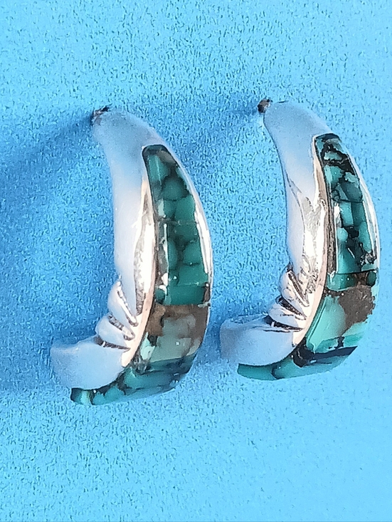 SIGNED Vintage Native America Indian Jewelry Navajo Hand  Earrings Vintage 925 Turquoise Inlay Native American Navajo  Artist Signed